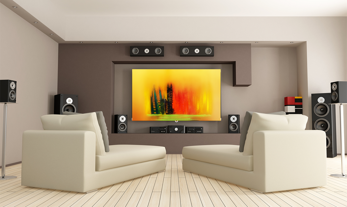 Cleft 2 metal print shown in a listening room setting.