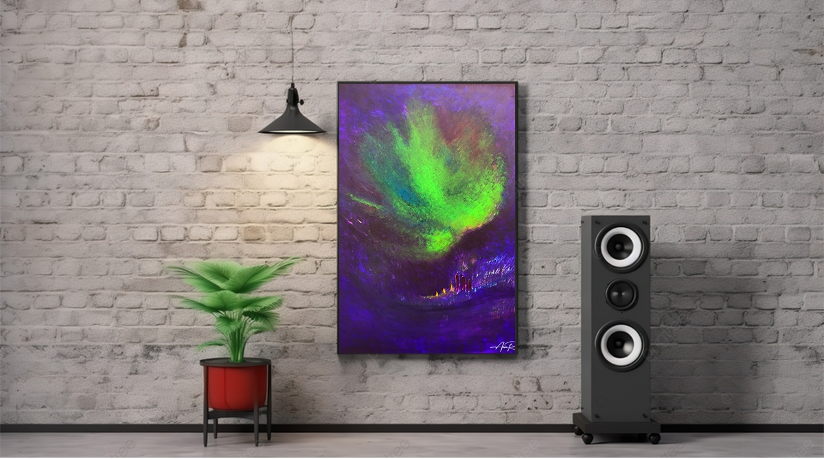 Zebulun metal print shown in a listening room setting