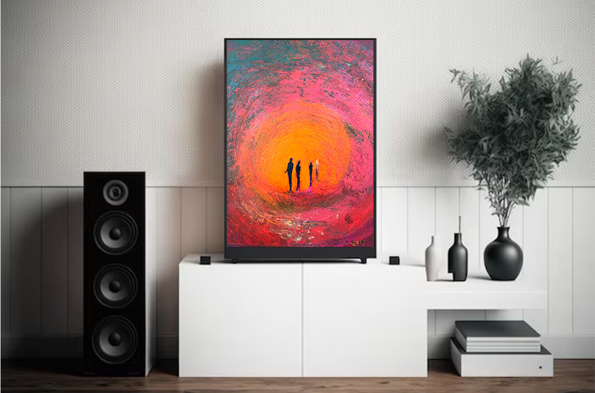 Fourth Man metal print shown in a listening room setting
