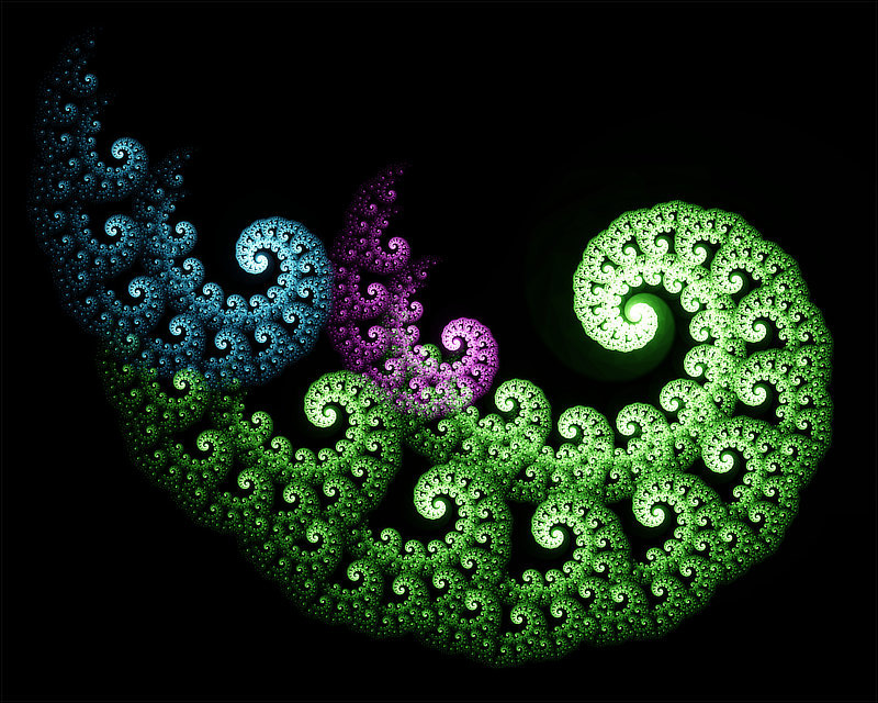 Neon-glow L-system fractal created with video feedback techniques