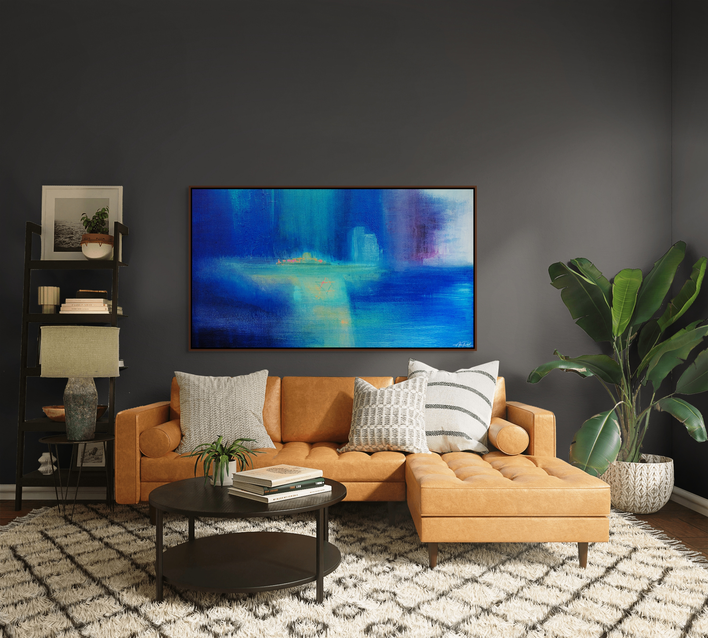 Jerusalem 3, fine art print by Anne Reid Artist — shown in a blue living room setting.
