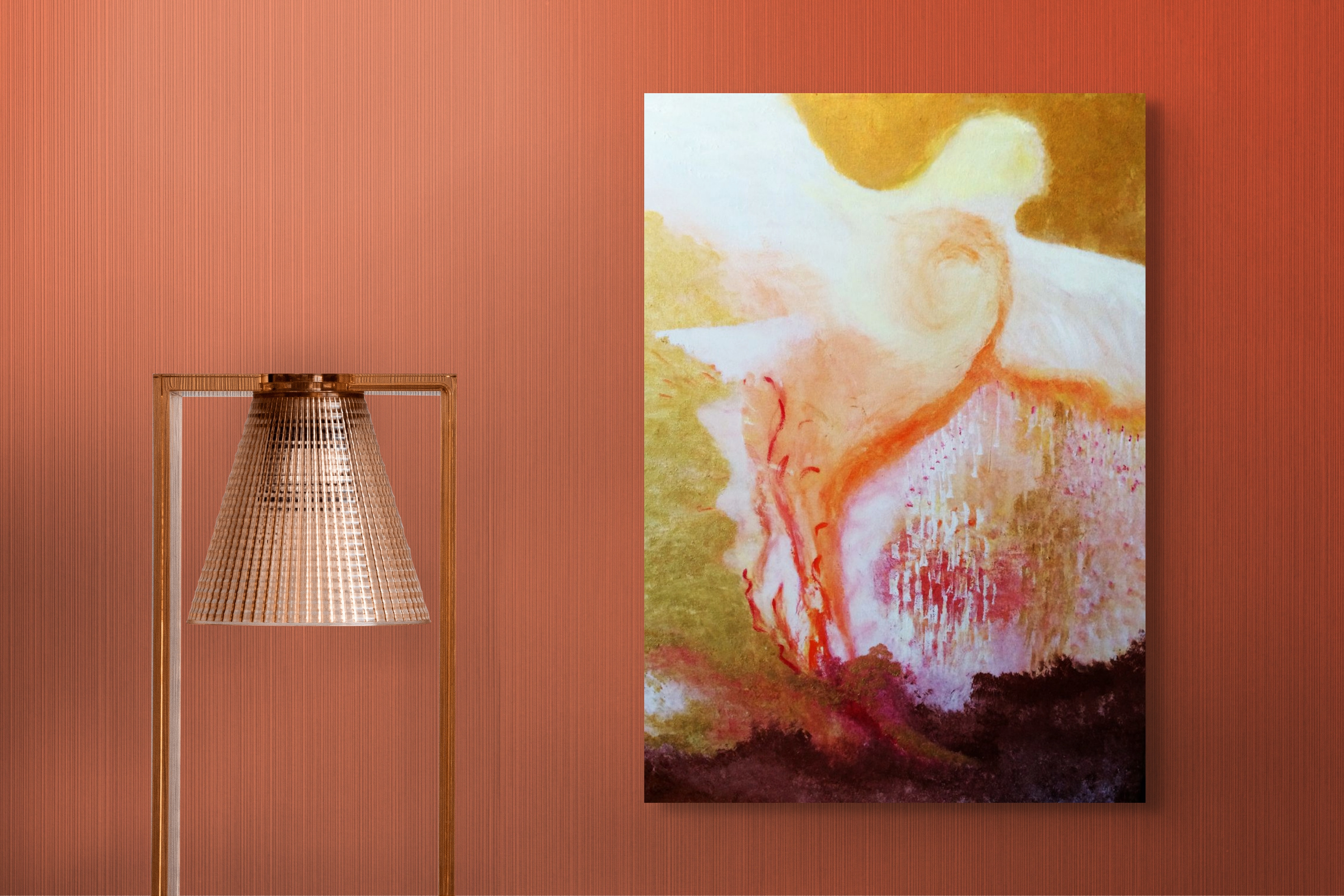 Peach Fuzz fine art prints by Anne Reid Artist shown in a warm contemporary interior.
