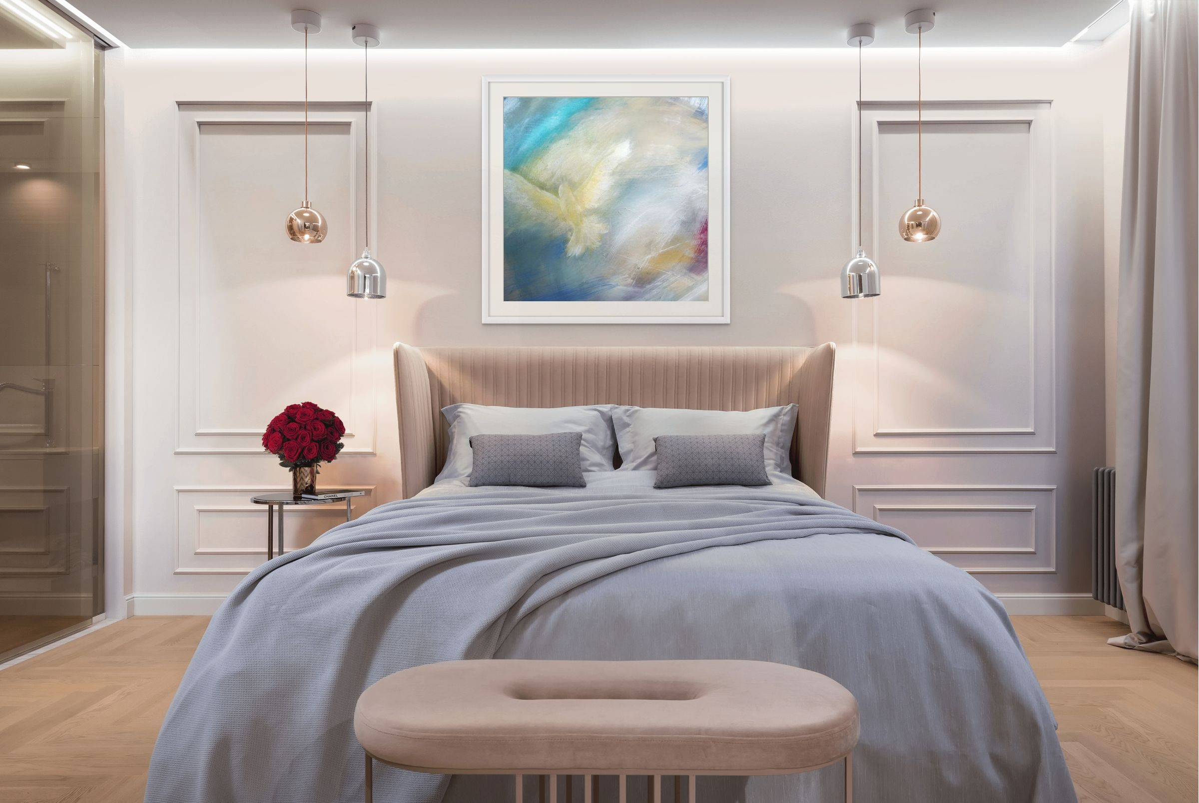 Cloud Dancer fine art prints by Anne Reid Artist shown in a soft white contemporary interior.