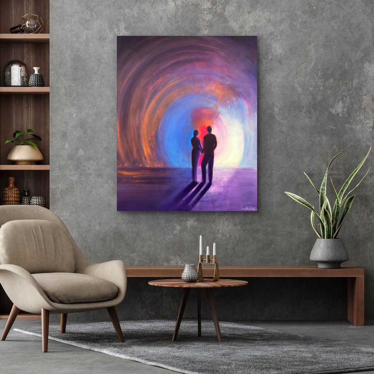 Two, metal print by Anne Reid Artist shown in a contemporary living room setting