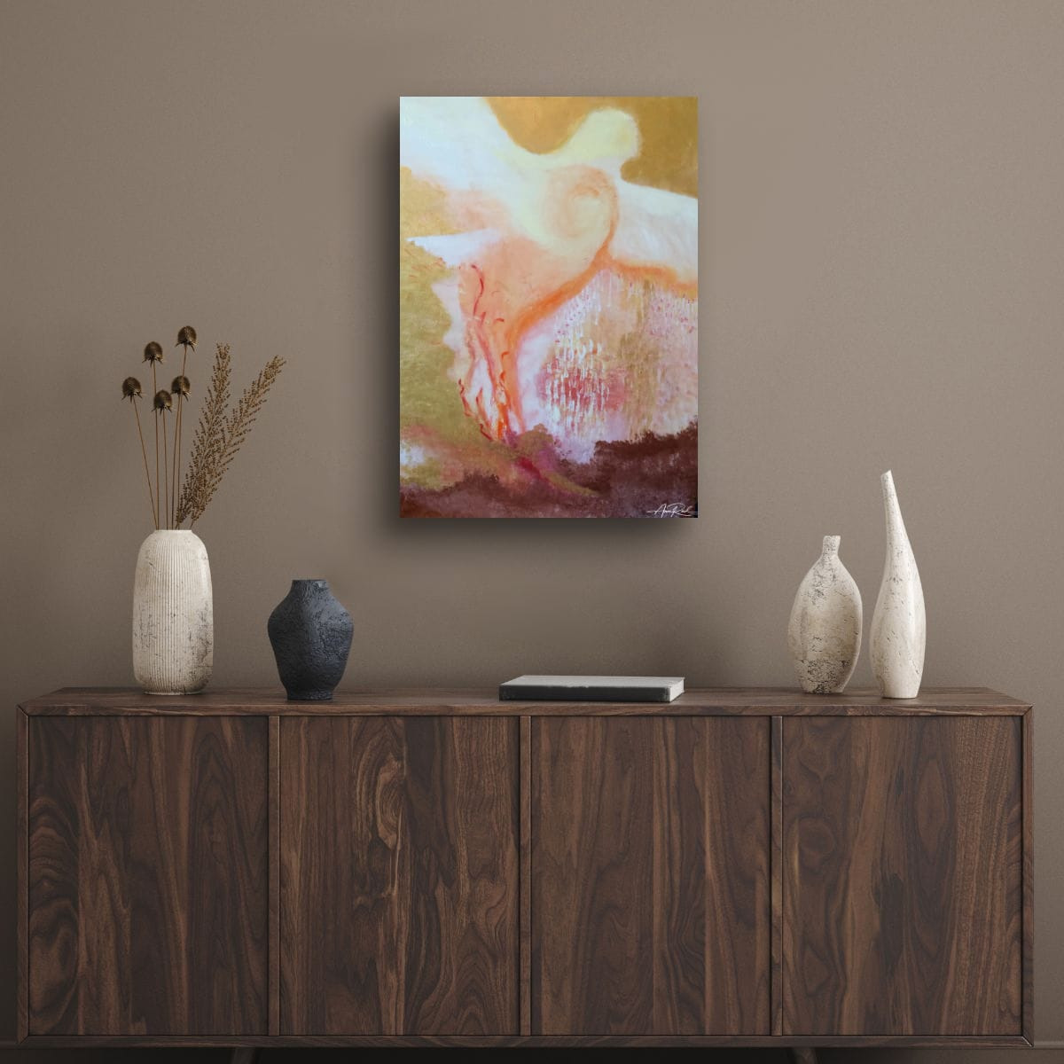 Pentecost open-edition fine art print by Anne Reid Artist shown above a dark wood credenza in a taupe interior