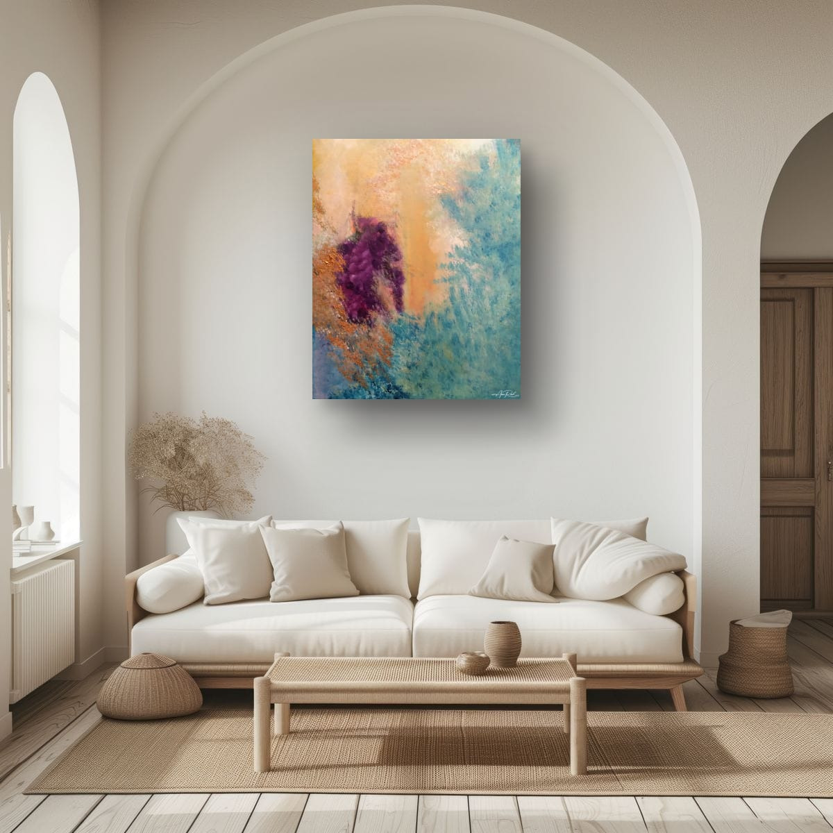 Glory Cluster open-edition print above a white sofa in a calm arched living room