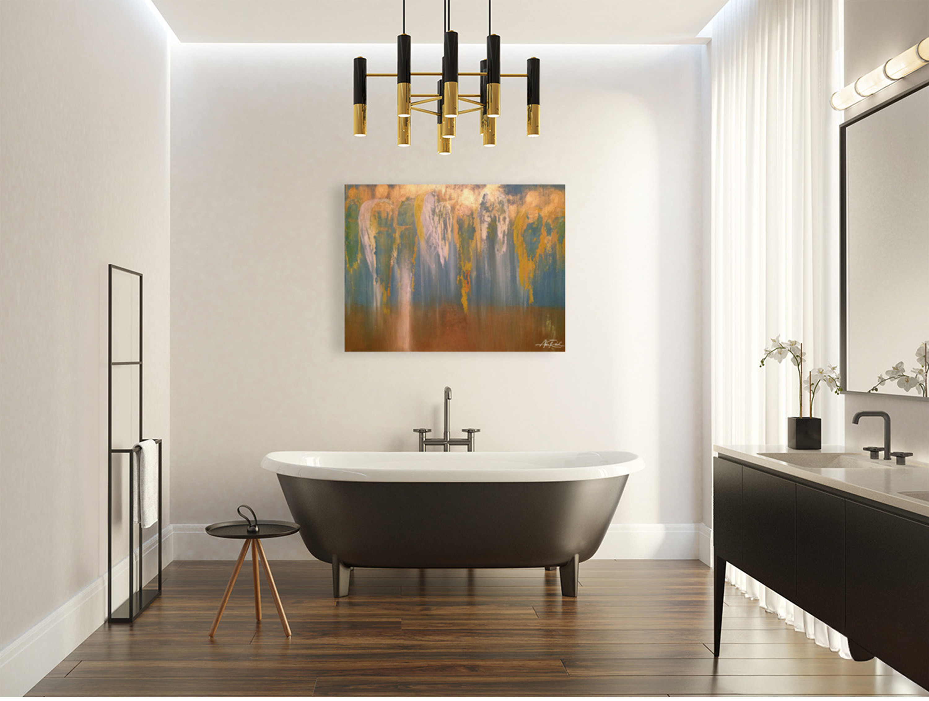 Angel Armies, print shown in a contemporary bathroom setting with a black freestanding tub.