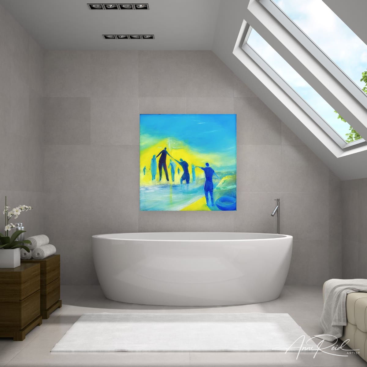 A River Runs Through It, print shown above a tub in a skylit bathroom.