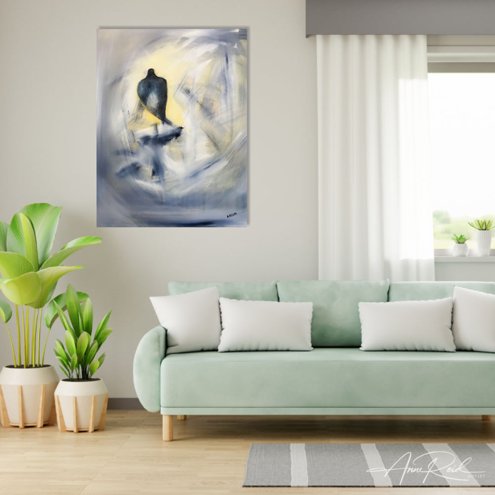 Watchman 2, print shown above a green sofa in a living room setting.