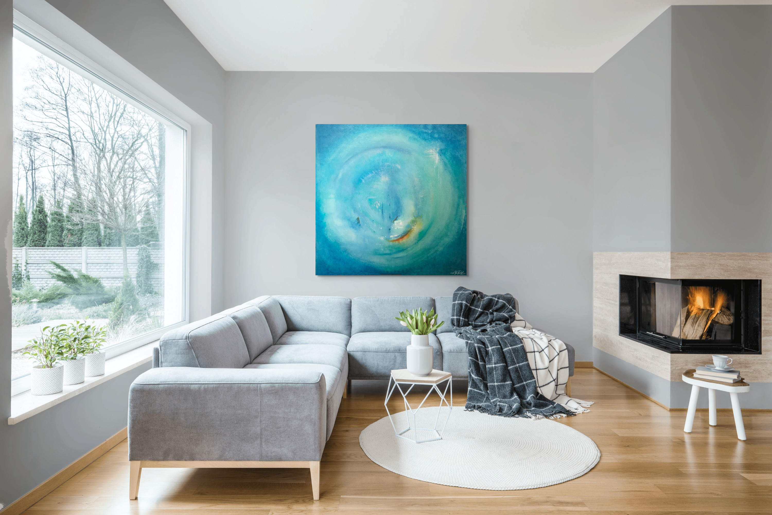 Advent 7, print shown in a modern living room setting.