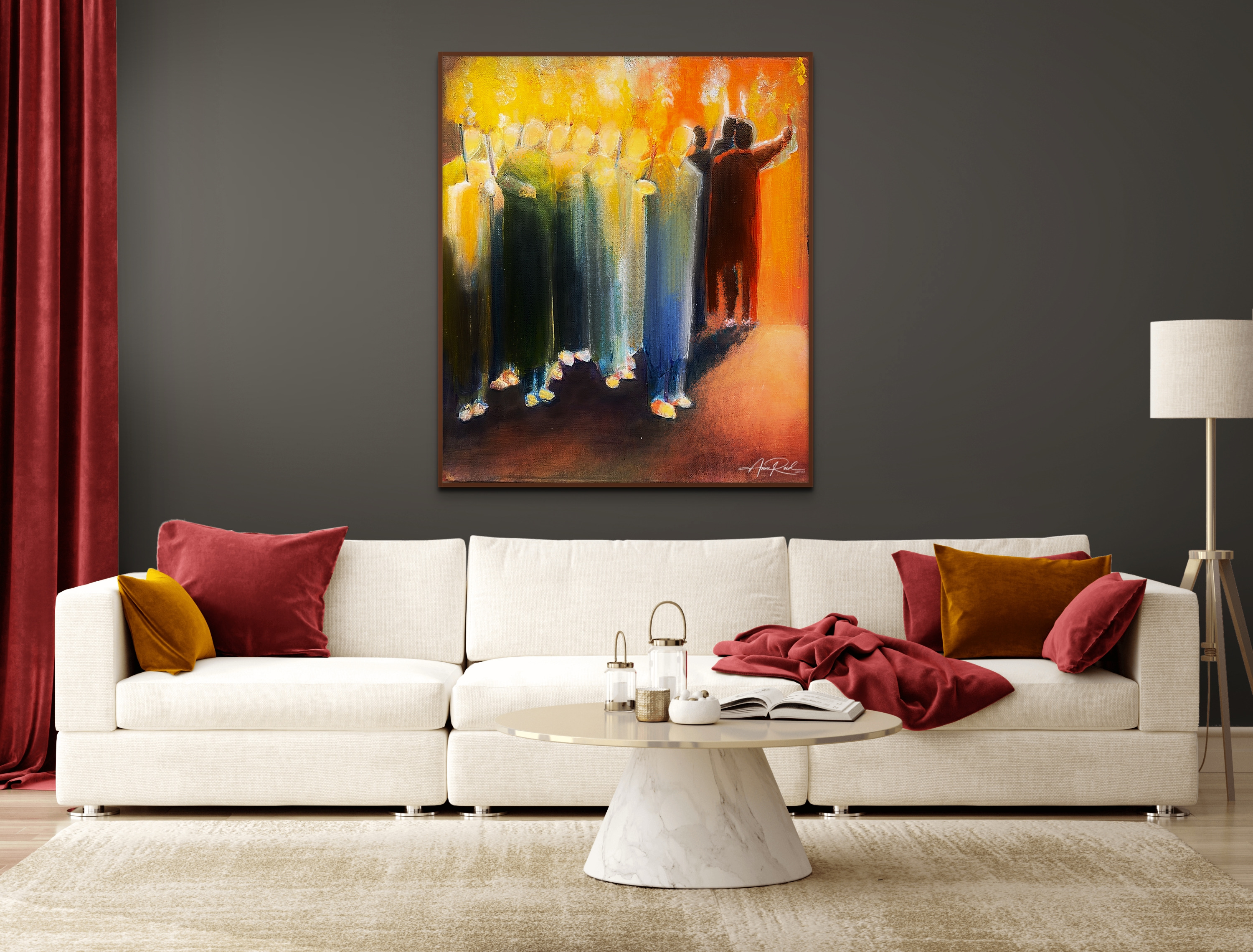 Rahab 13, print shown above a sofa wall in a living room setting.