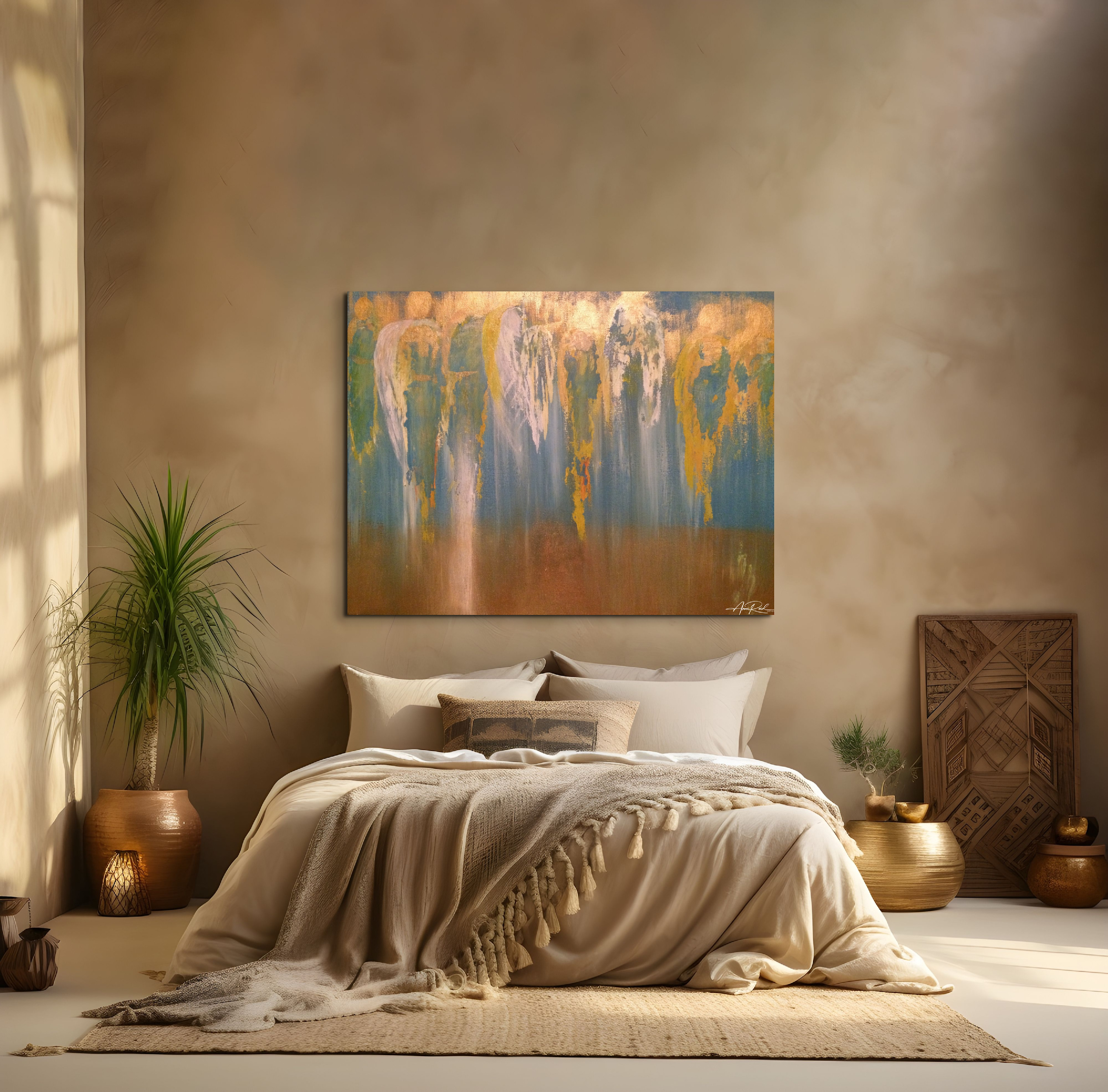 Angel Armies, print shown in a warm bedroom setting.