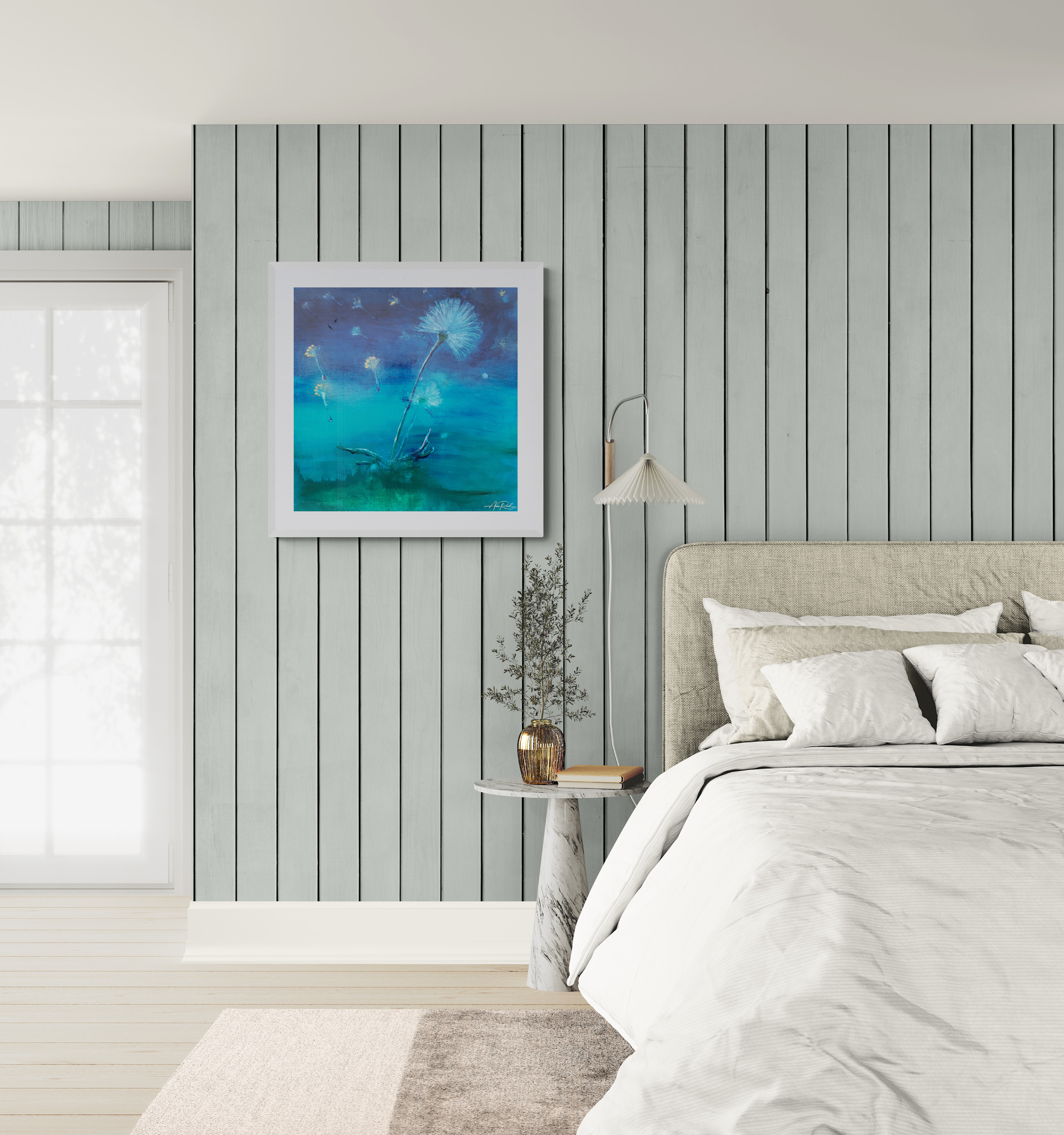 Light and Momentary, print shown in a bright modern bedroom setting.