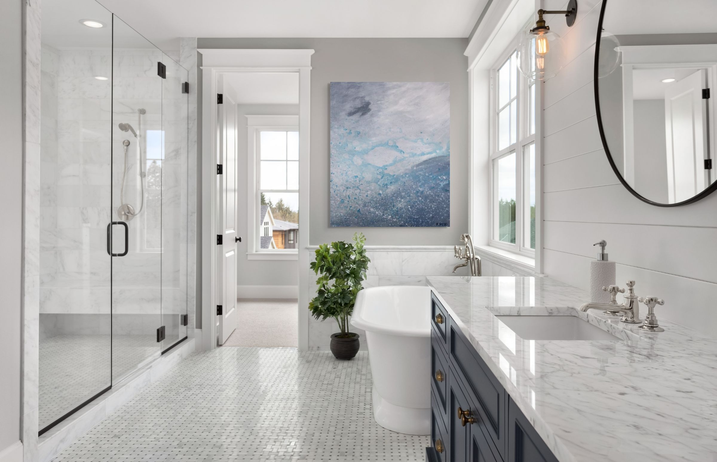 Shelter, print shown in a bright luxury bathroom setting.