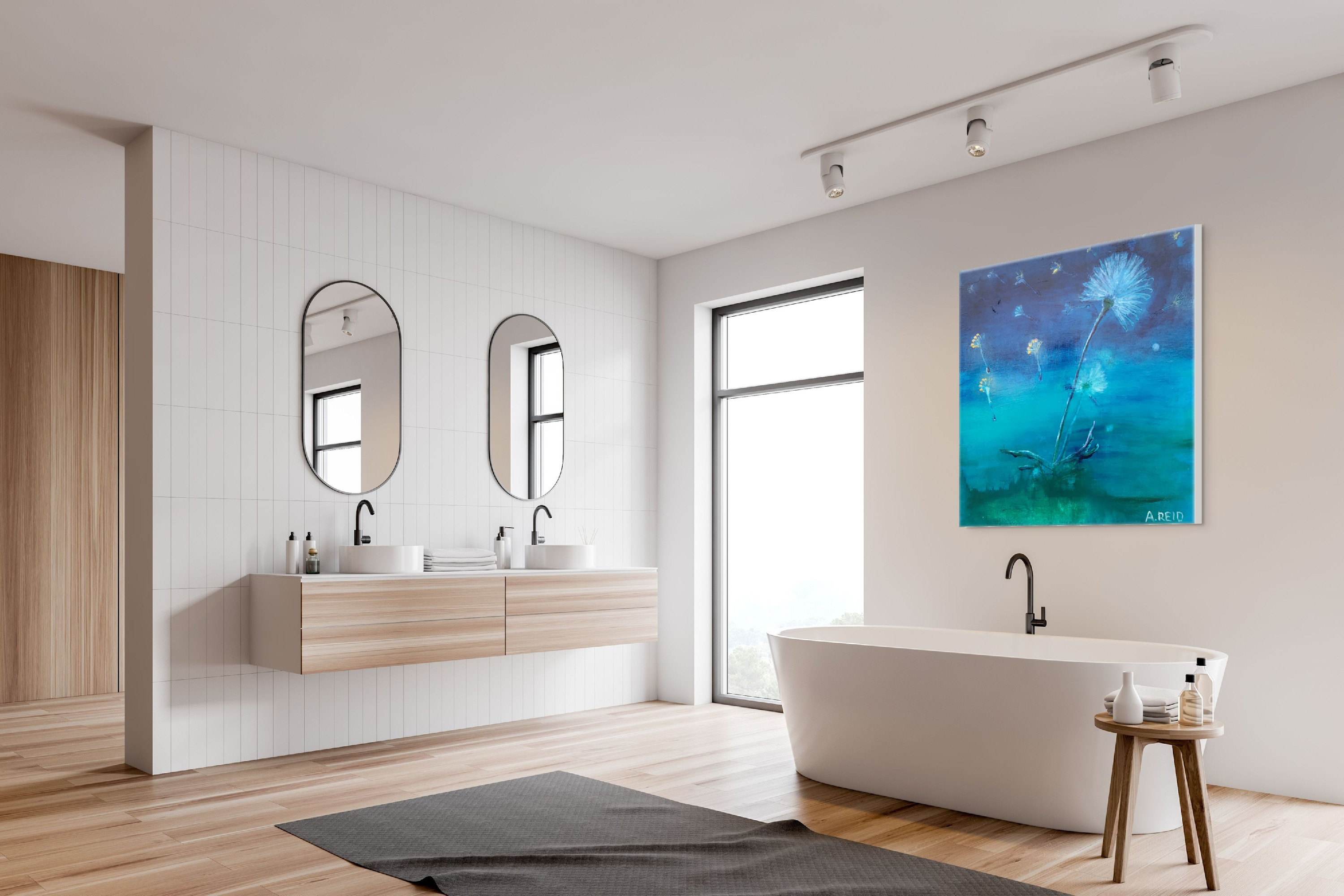 Light and Momentary, print shown in a modern bathroom setting.