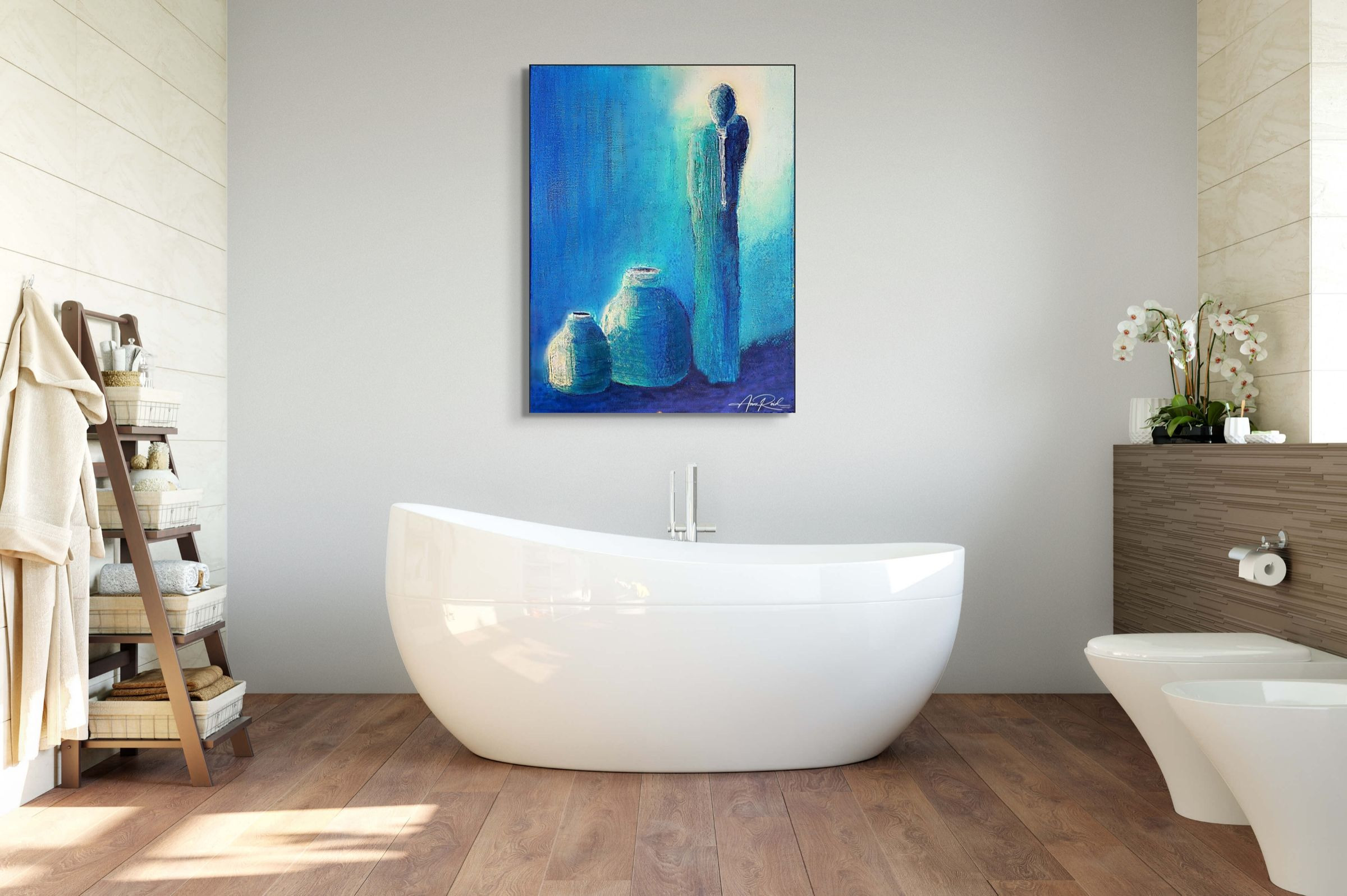 Vessels 2, print shown above a freestanding tub in a bathroom setting.