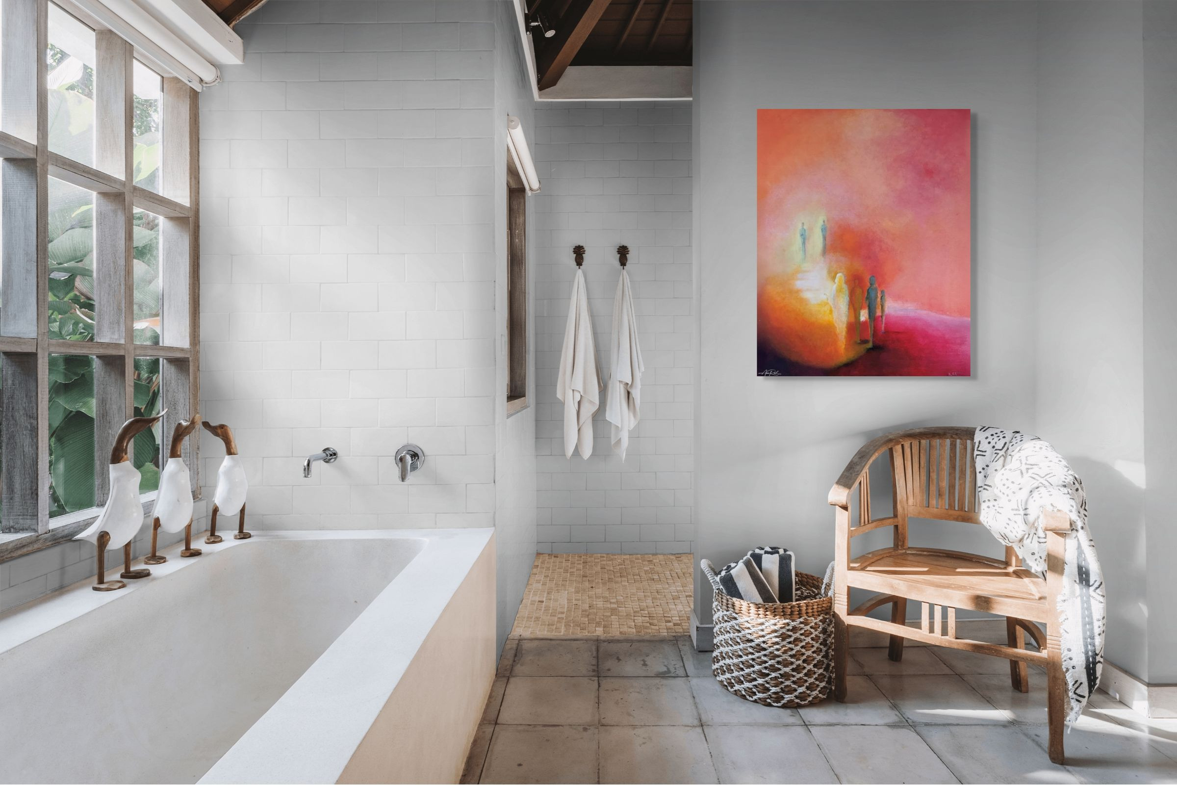 Transfiguration, print shown in a softly lit bathroom setting.