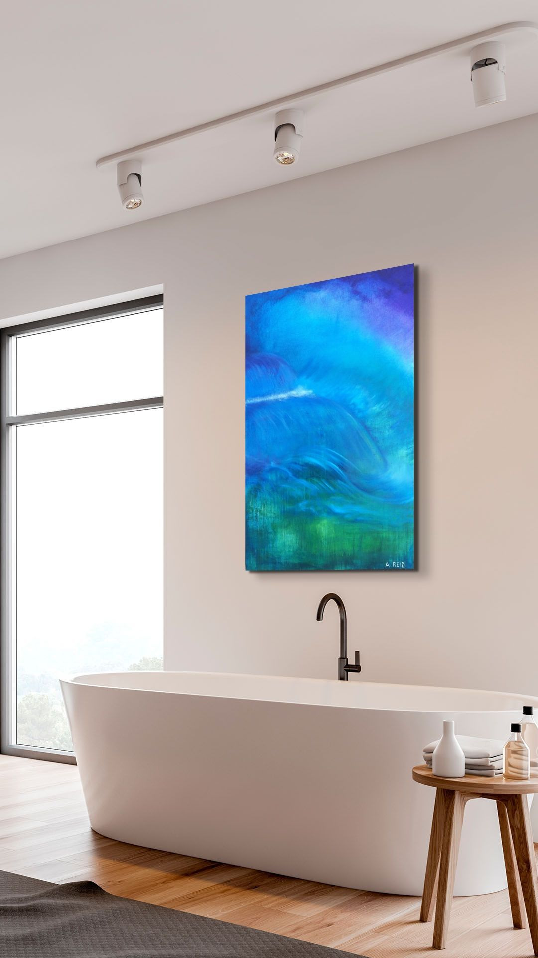 Deluge, print shown above a white tub and bench in a bathroom setting.