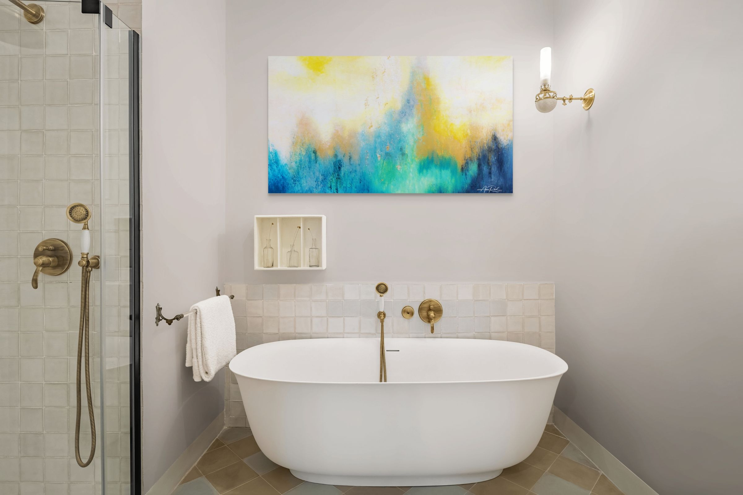 Third Day 3, print shown above a tub in a bright bathroom setting.