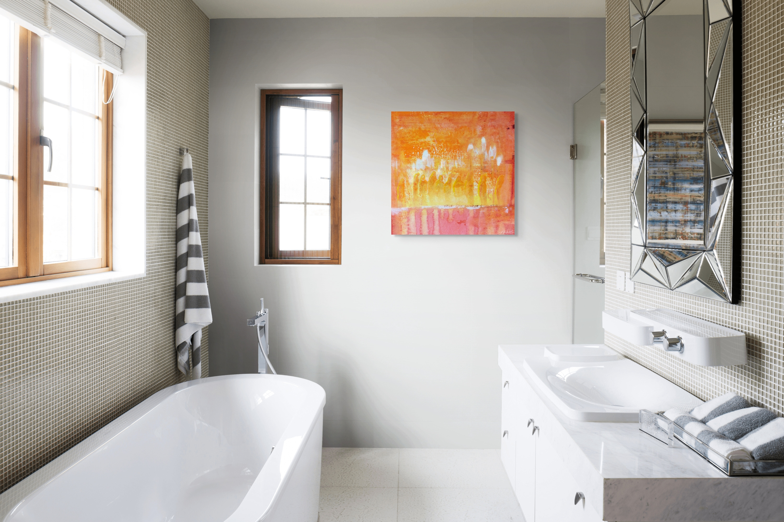 Rahab 11, print shown in a bathroom setting with warm light.