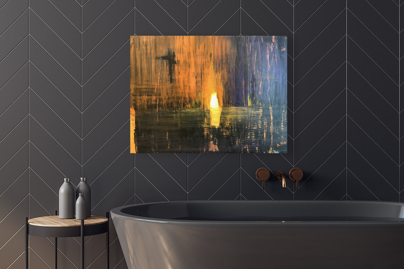 Presence, print shown in a dark bathroom setting.