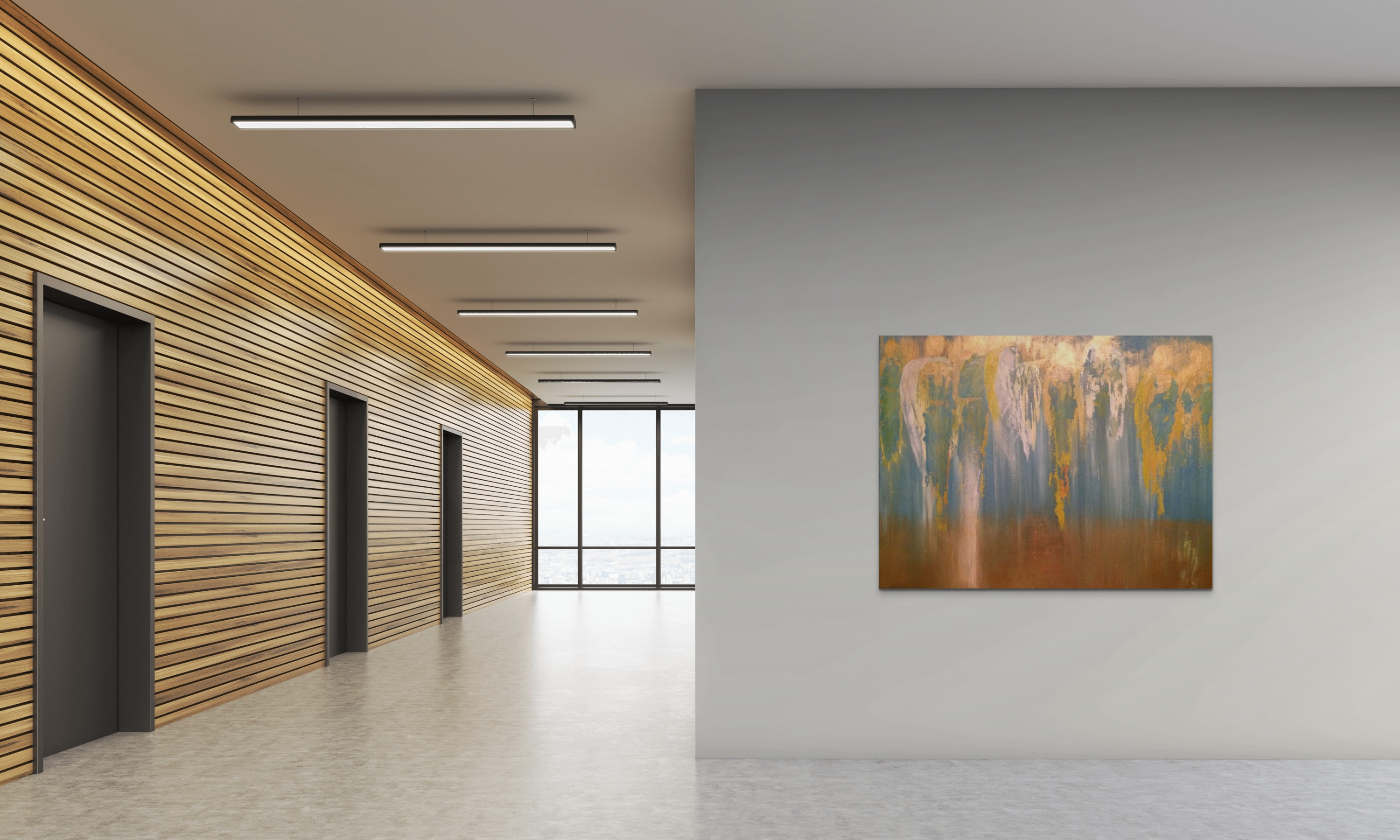 Angel Armies abstract artwork shown in a corridor setting