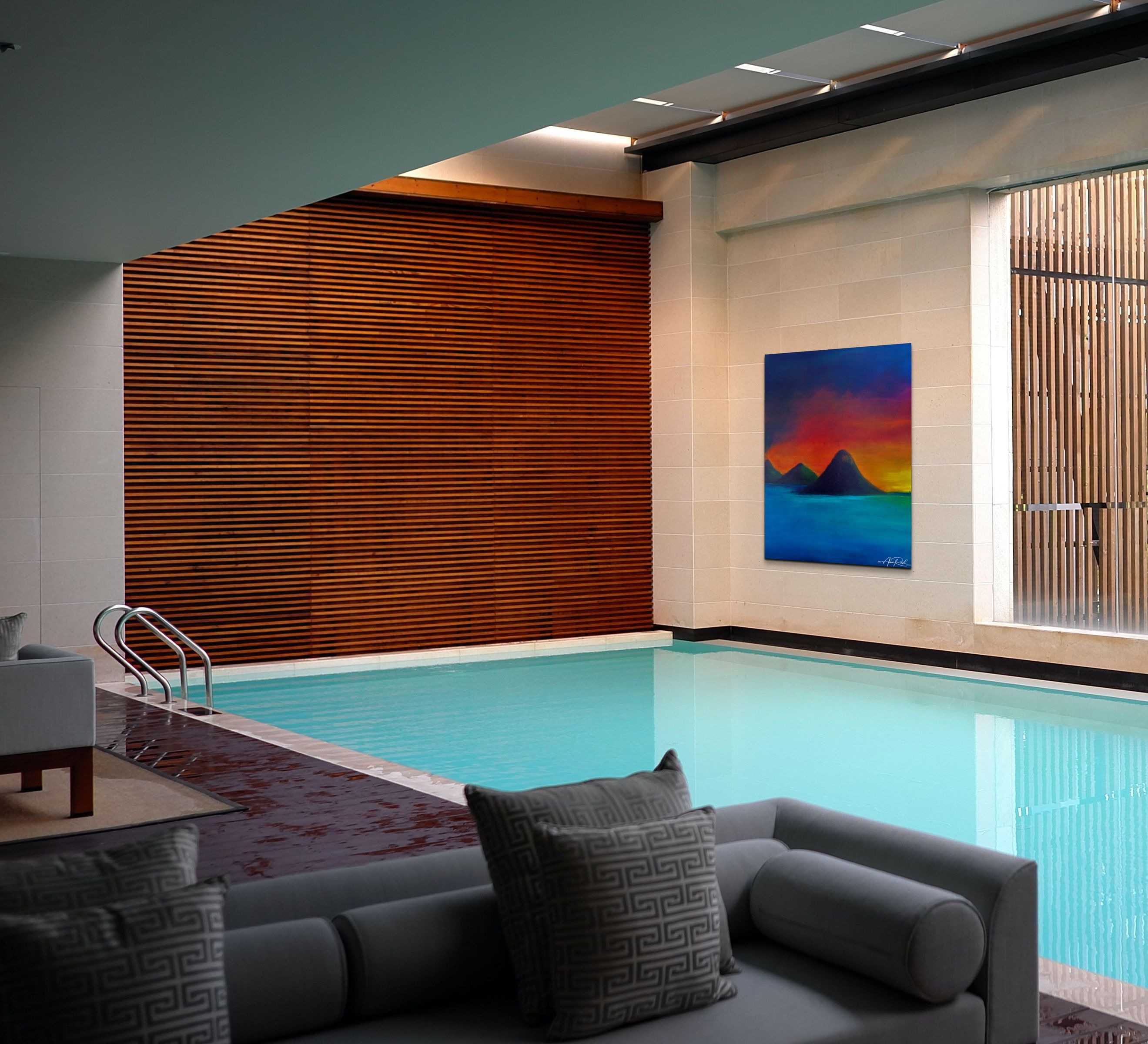 South Pacific 3 abstract artwork shown in a luxury spa setting