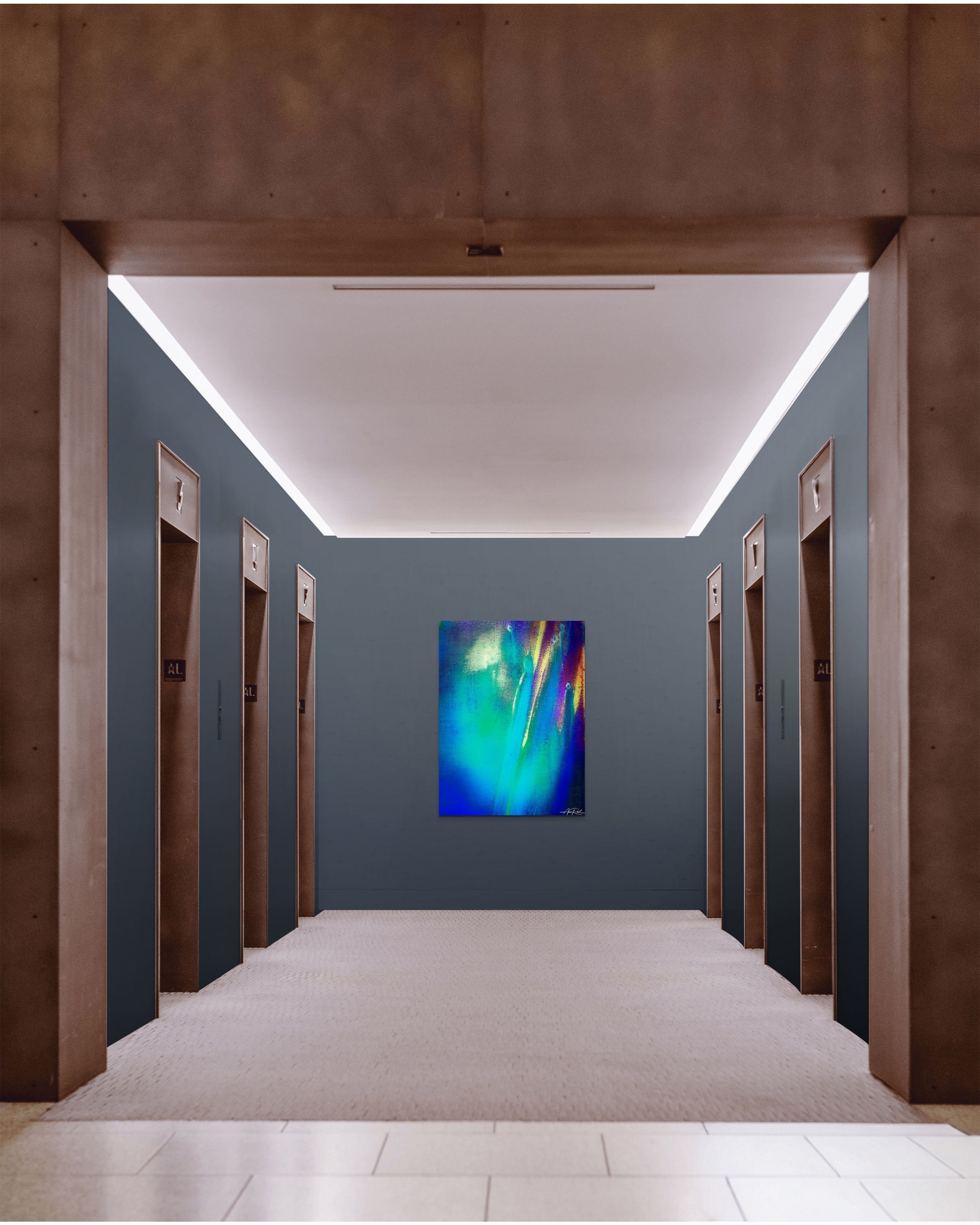 The Breaker 9 abstract artwork shown in an elevator corridor setting