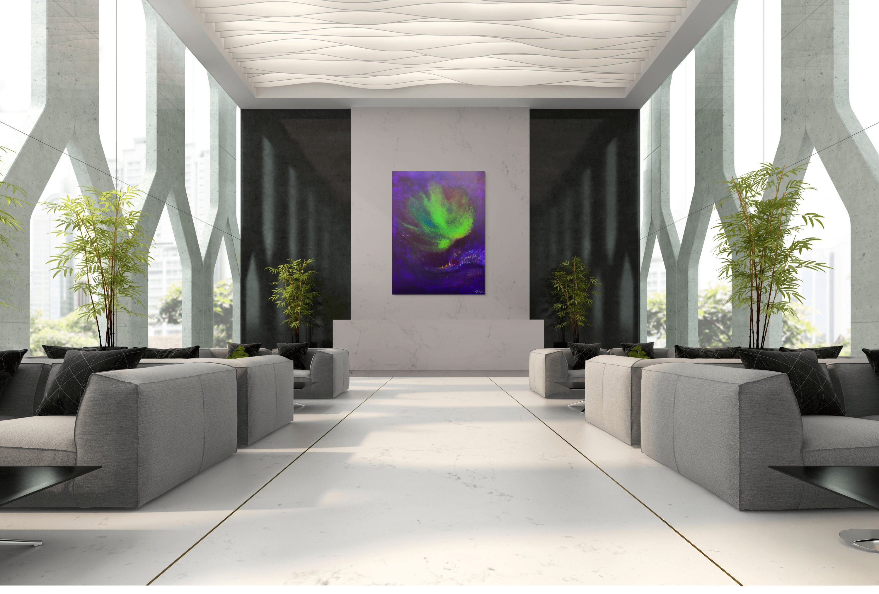 Zebulun abstract artwork shown in a marble lobby setting