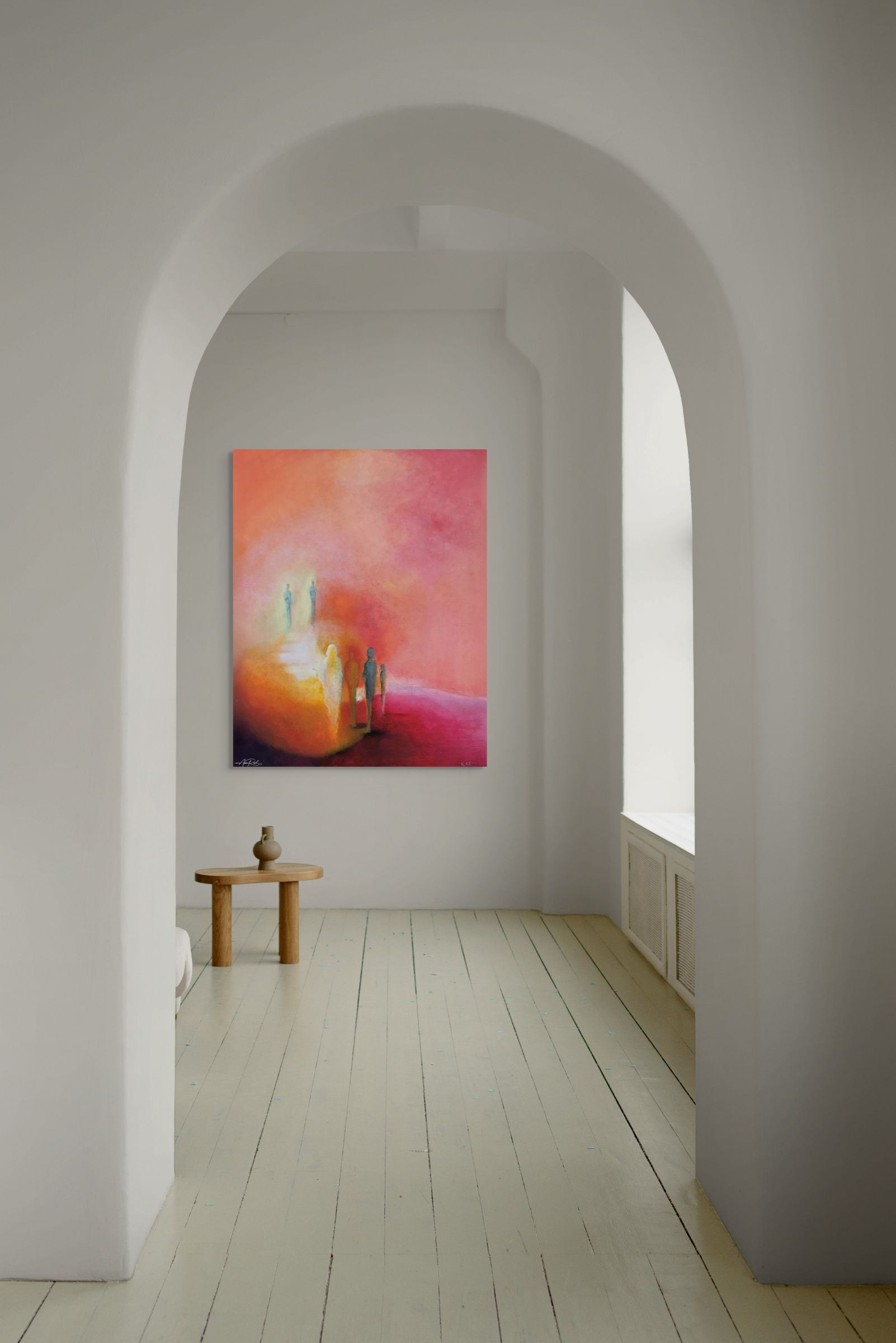Transfiguration, 40x50 canvas print by Anne Reid Artist shown in an arched hallway setting